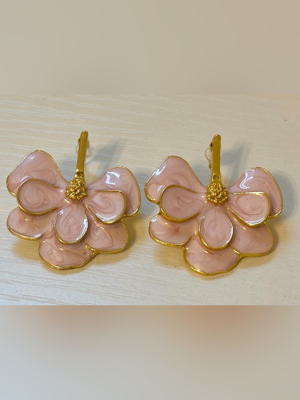 Blush Pink Marbled Floral Statement Earrings Gold Trim Coquette Glam Boutique